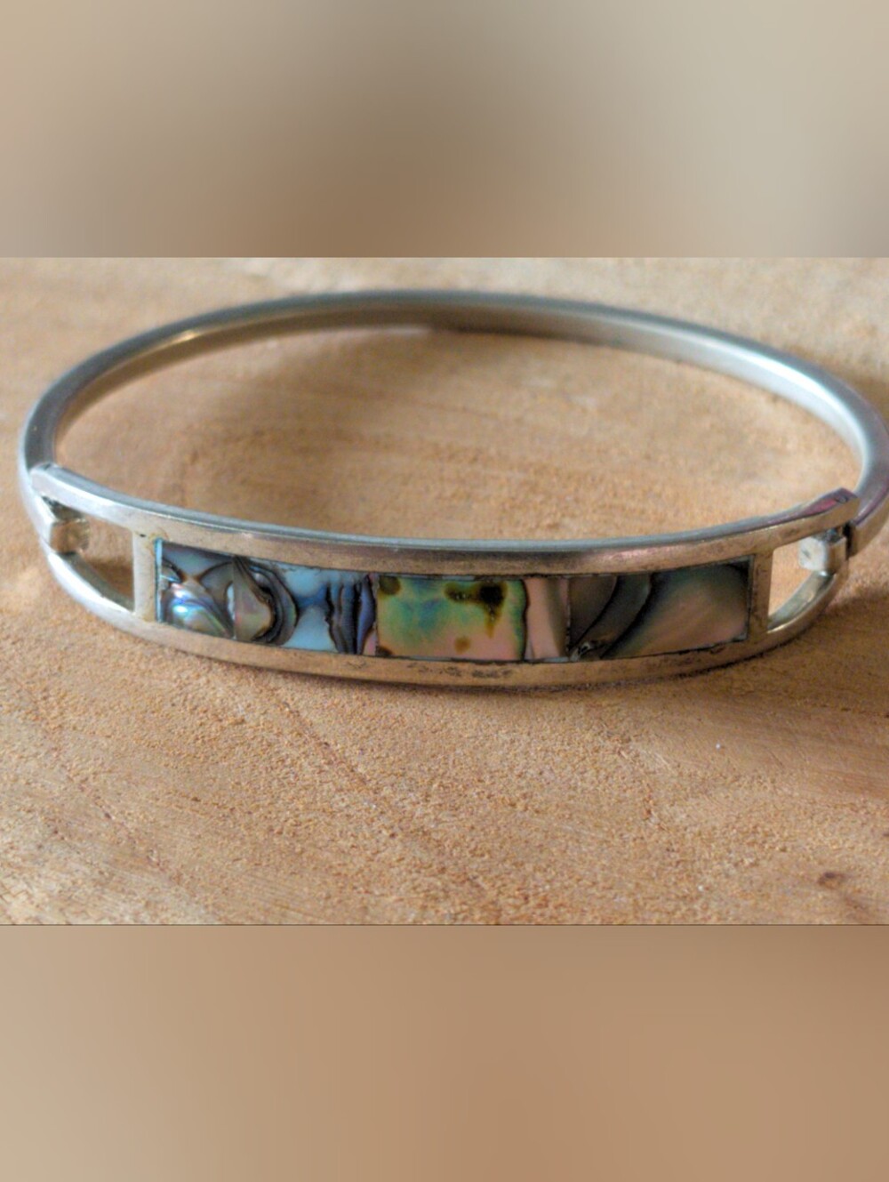Abalone Inlay Silver-Tone Bangle Bracelet - Iridescent Shell